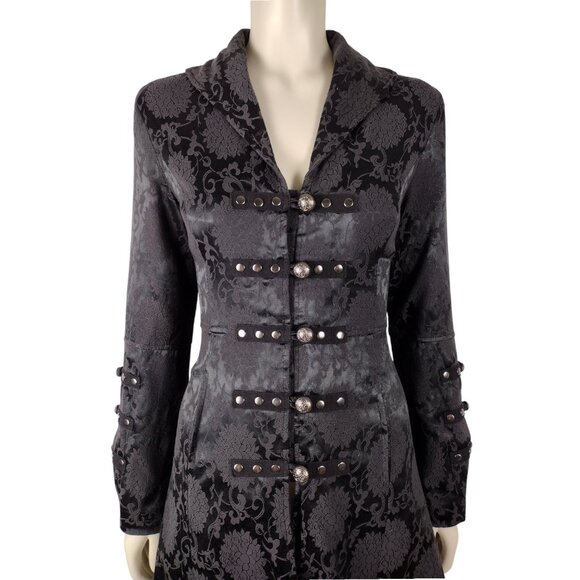 Hearts & Roses Black Gothic Victorian Steampunk Brocade Corset Back Coat Size 4 - Picture 3 of 16